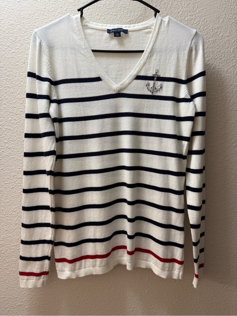 Tommy Hilfiger Sweater S White Navy Striped Anchor Rhinestone V-Neck Cotton Knit